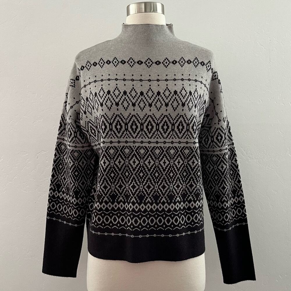 Joie Fair Isle Sweater Size M Black Gray Ombré Nordic Mock Neck Knit Cozy NEW